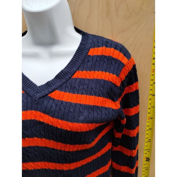 Nautica Womens Striped Sweater Navy & Orange V-Neck 100% Cotton Size M - Picture 2 of 9